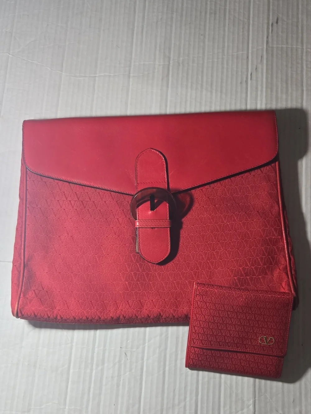 Valentino Garavani Red Leather-Trim Envelope Clutch with Matching Wallet